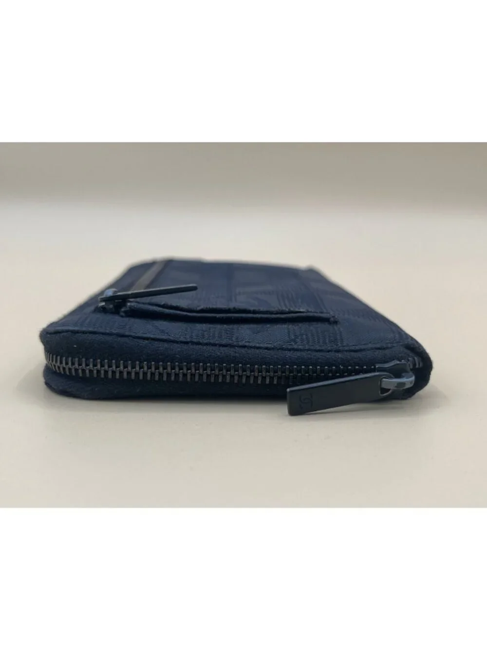 Chanel Black Checkered Canvas Zipper Wallet With CC Logo Design